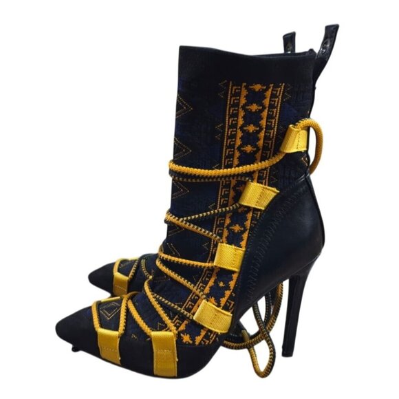 Azalea Wang Shoes - Azalea Wang Tribal Print Lace-Up Stiletto Ankle Boots Black Yellow Size 9.
